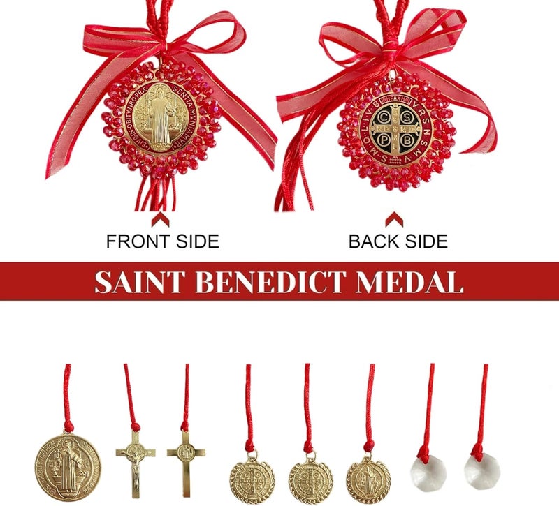 Bovemee Escapularios Catolicos,2PCS Golden Saint Benedict Medal Protection Blessing Charm, St Benedict Crucifix, Catholic Handmade Jewelry Gift Car Hanging Home Decor (2Red Saint Benedict) - Image 4